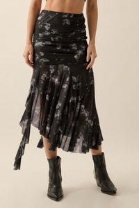 Blooming Shadows Floral Mesh Drop-Waist Midi Skirt - ShopPromesa