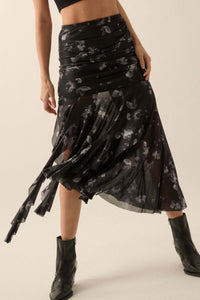 Blooming Shadows Floral Mesh Drop-Waist Midi Skirt - ShopPromesa