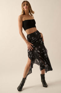 Blooming Shadows Floral Mesh Drop-Waist Midi Skirt - ShopPromesa