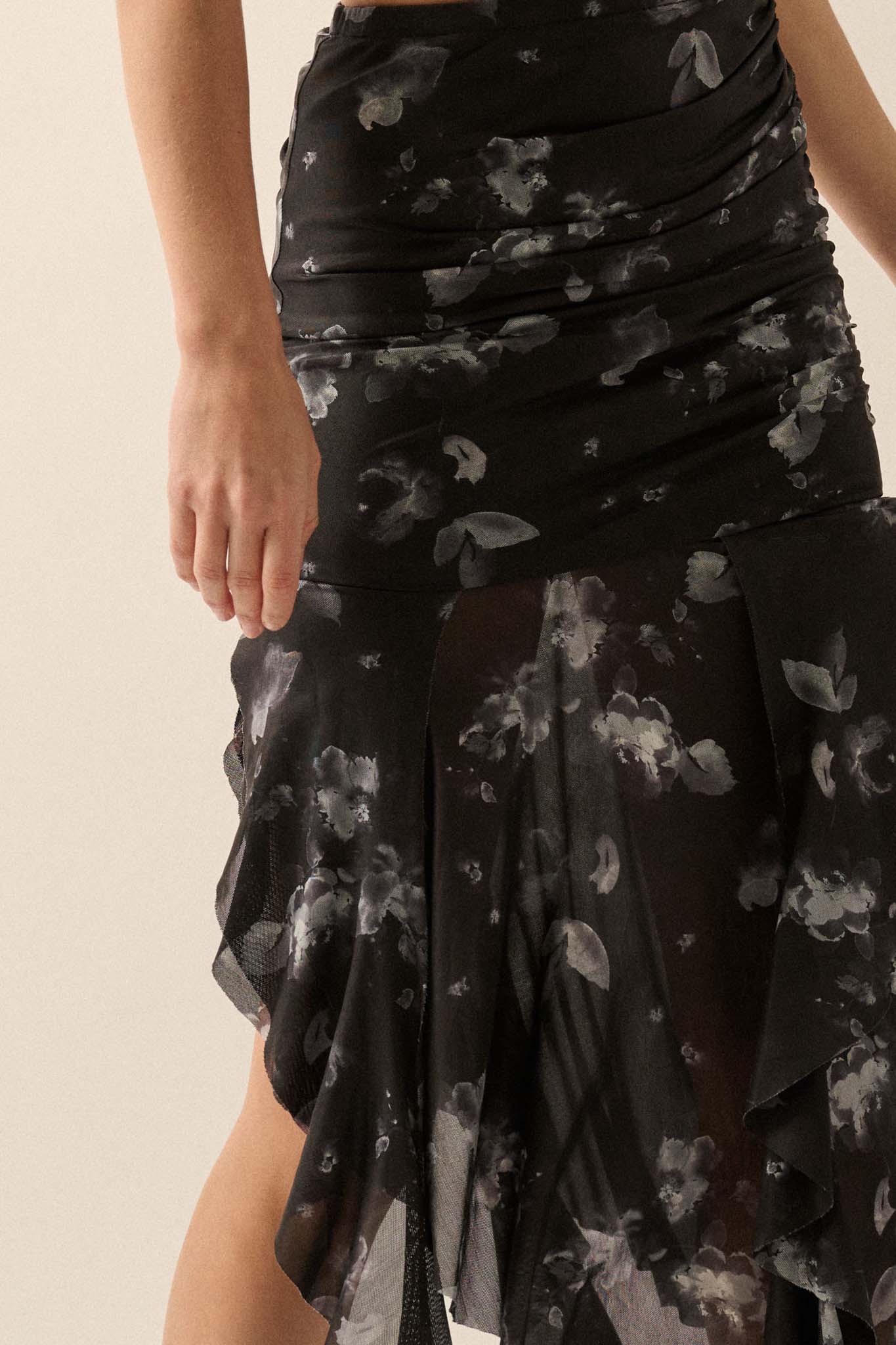 Blooming Shadows Floral Mesh Drop-Waist Midi Skirt - ShopPromesa