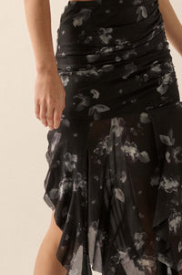 Blooming Shadows Floral Mesh Drop-Waist Midi Skirt - ShopPromesa