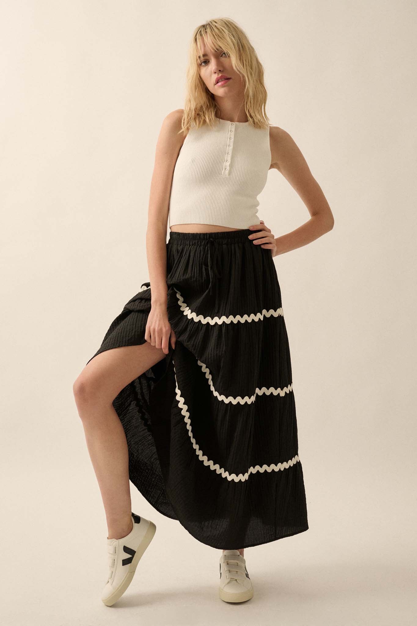 Blissful Breeze Rickrack-Trim Tiered Maxi Skirt - ShopPromesa