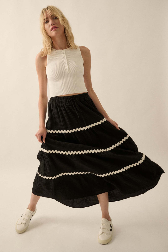 Blissful Breeze Rickrack-Trim Tiered Maxi Skirt - ShopPromesa