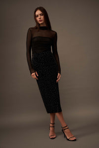 Midnight Sky Glitter Dot Velvet Pencil Skirt - ShopPromesa