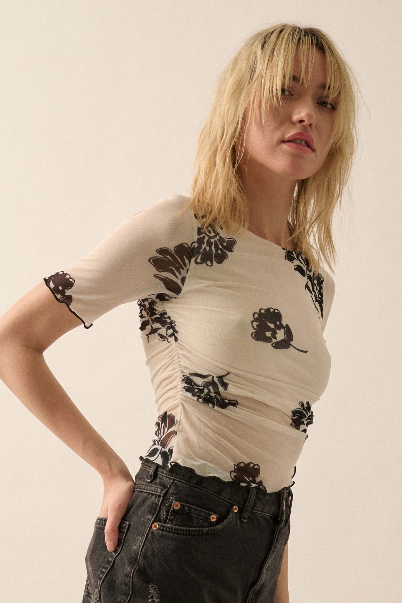 Deco Blooms Floral Mesh Cropped Asymmetrical Top - ShopPromesa