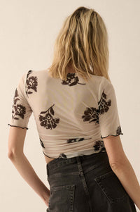 Deco Blooms Floral Mesh Cropped Asymmetrical Top - ShopPromesa