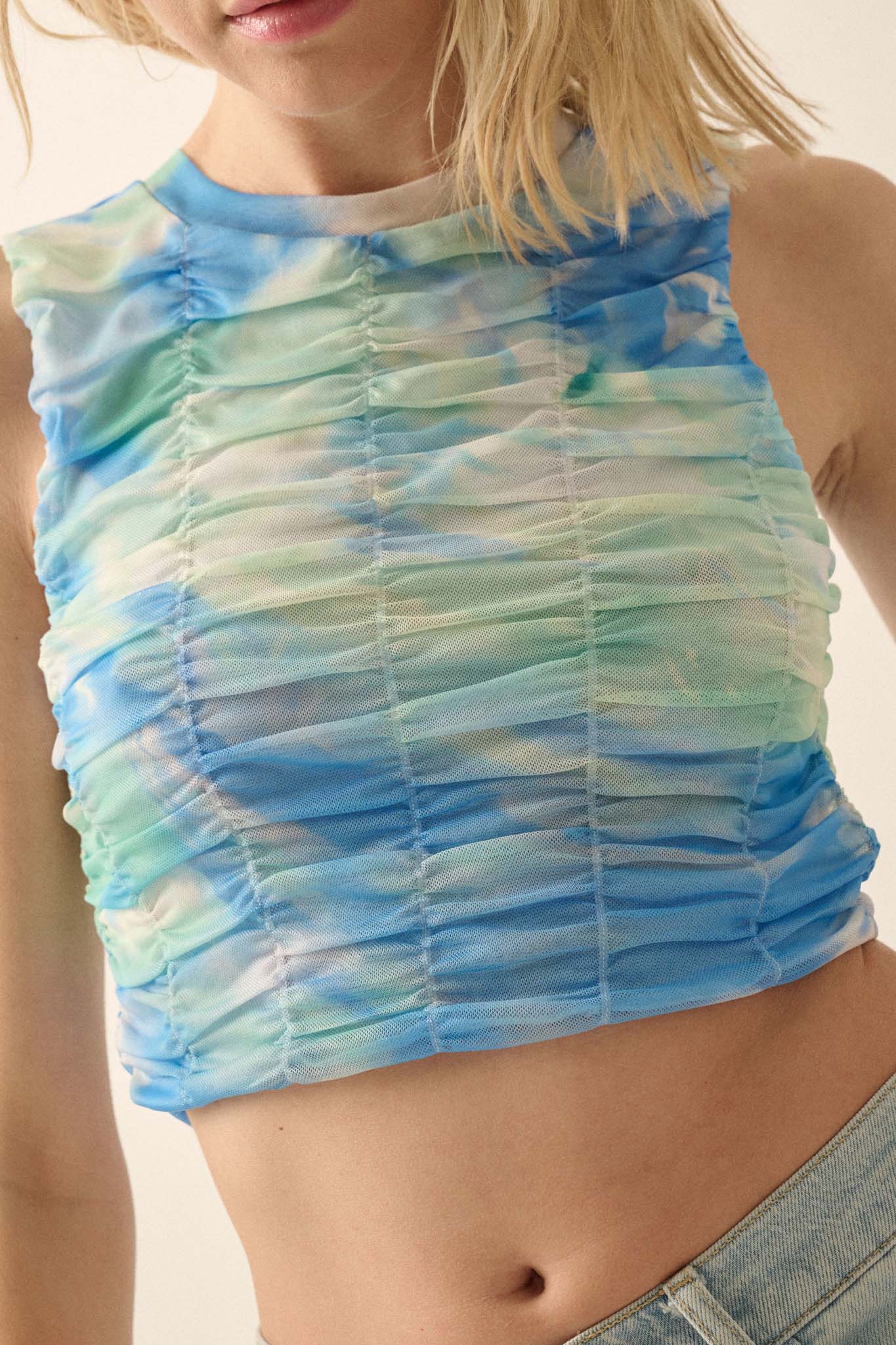 Surf Zone Tie-Dye Mesh Ruched Crop Top - ShopPromesa