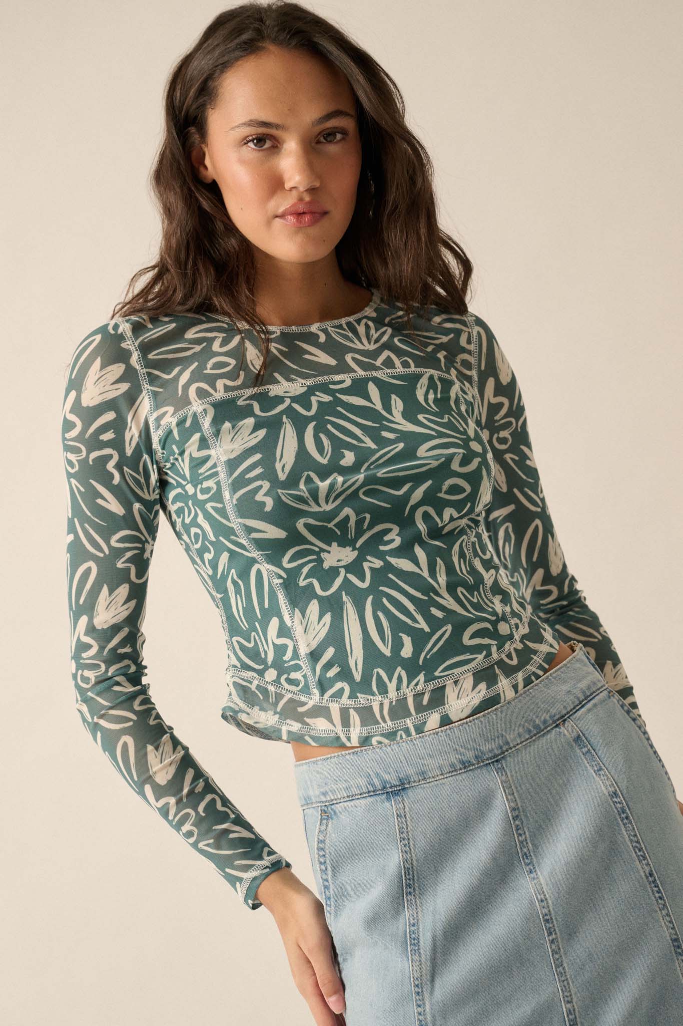 Modern Blossoms Floral-Print Mesh Exposed-Seam Top - ShopPromesa