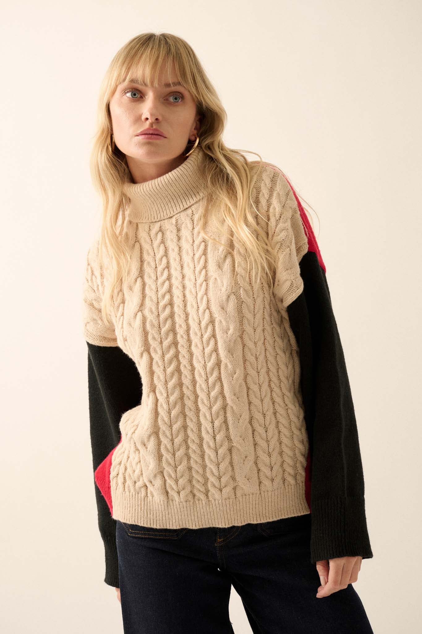 Me Time Colorblock Cable Knit Turtleneck Sweater - ShopPromesa