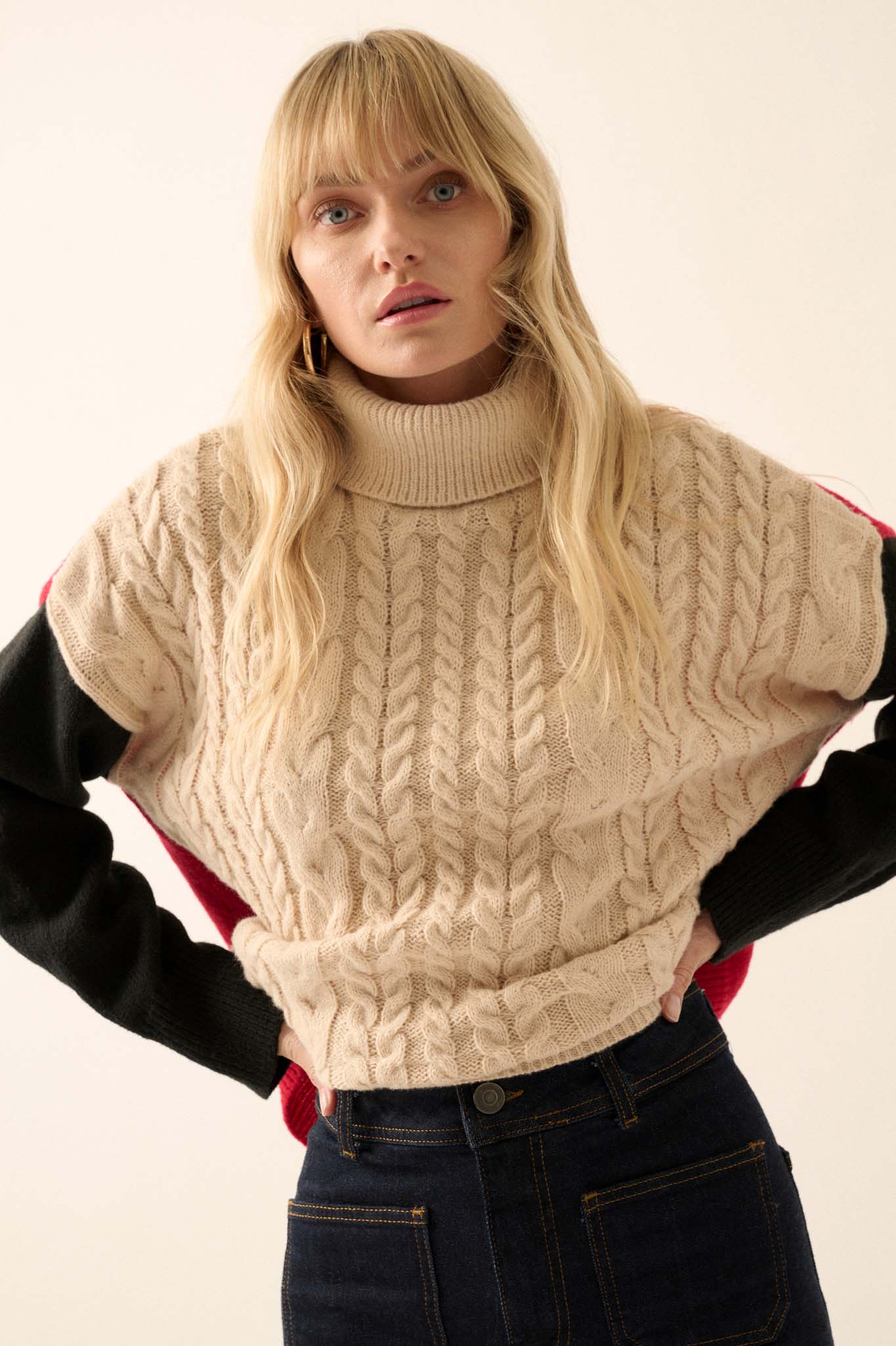 Me Time Colorblock Cable Knit Turtleneck Sweater - ShopPromesa