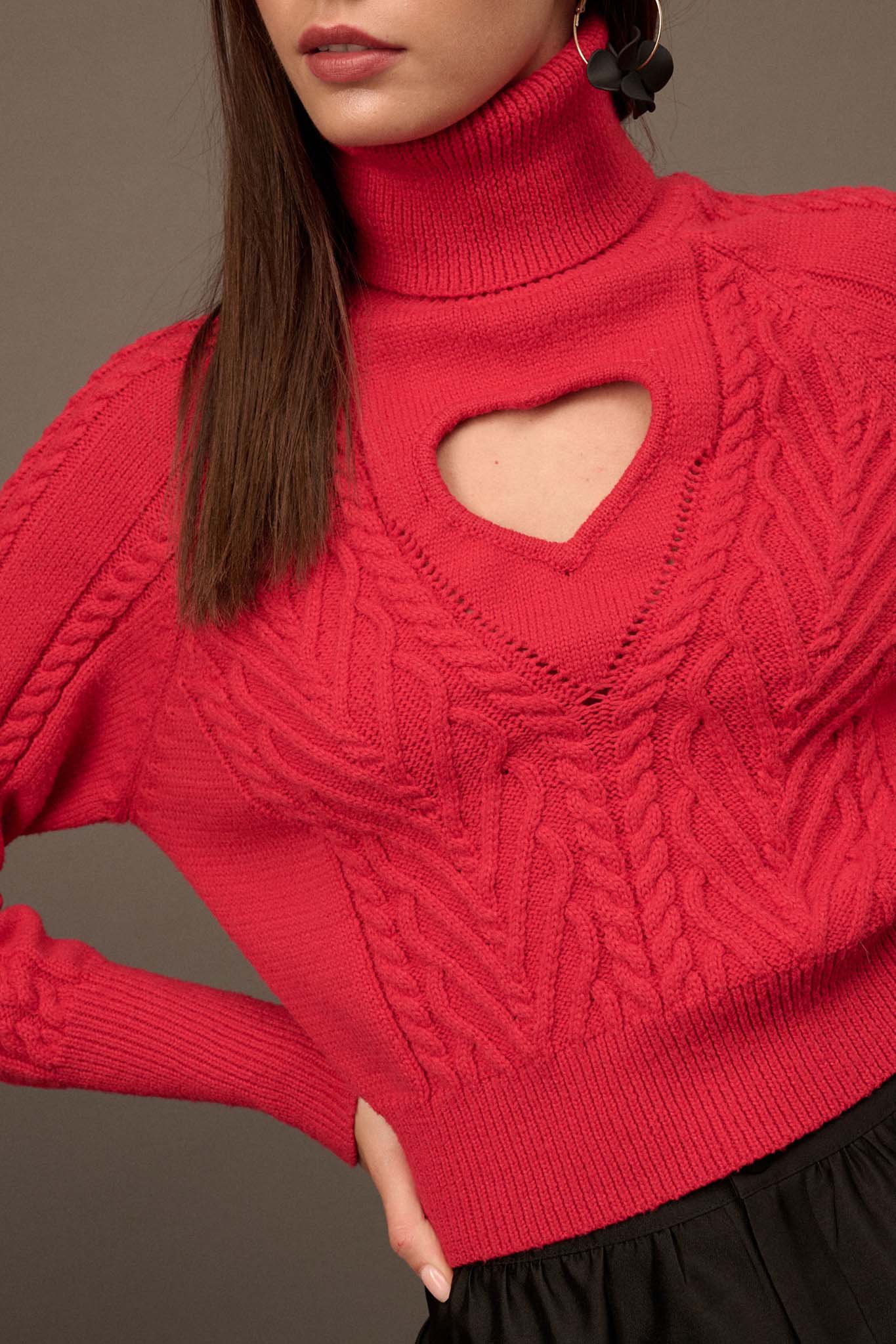 Open Heart Keyhole Cable Knit Turtleneck Sweater - ShopPromesa