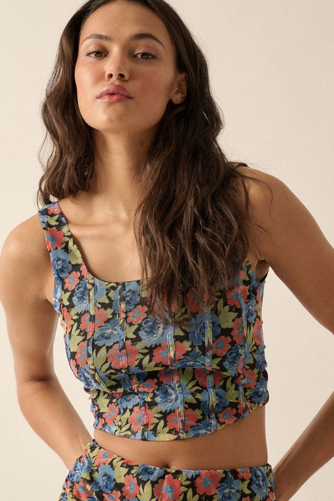 Midnight Blooms Floral Mesh Cropped Corset Top - ShopPromesa