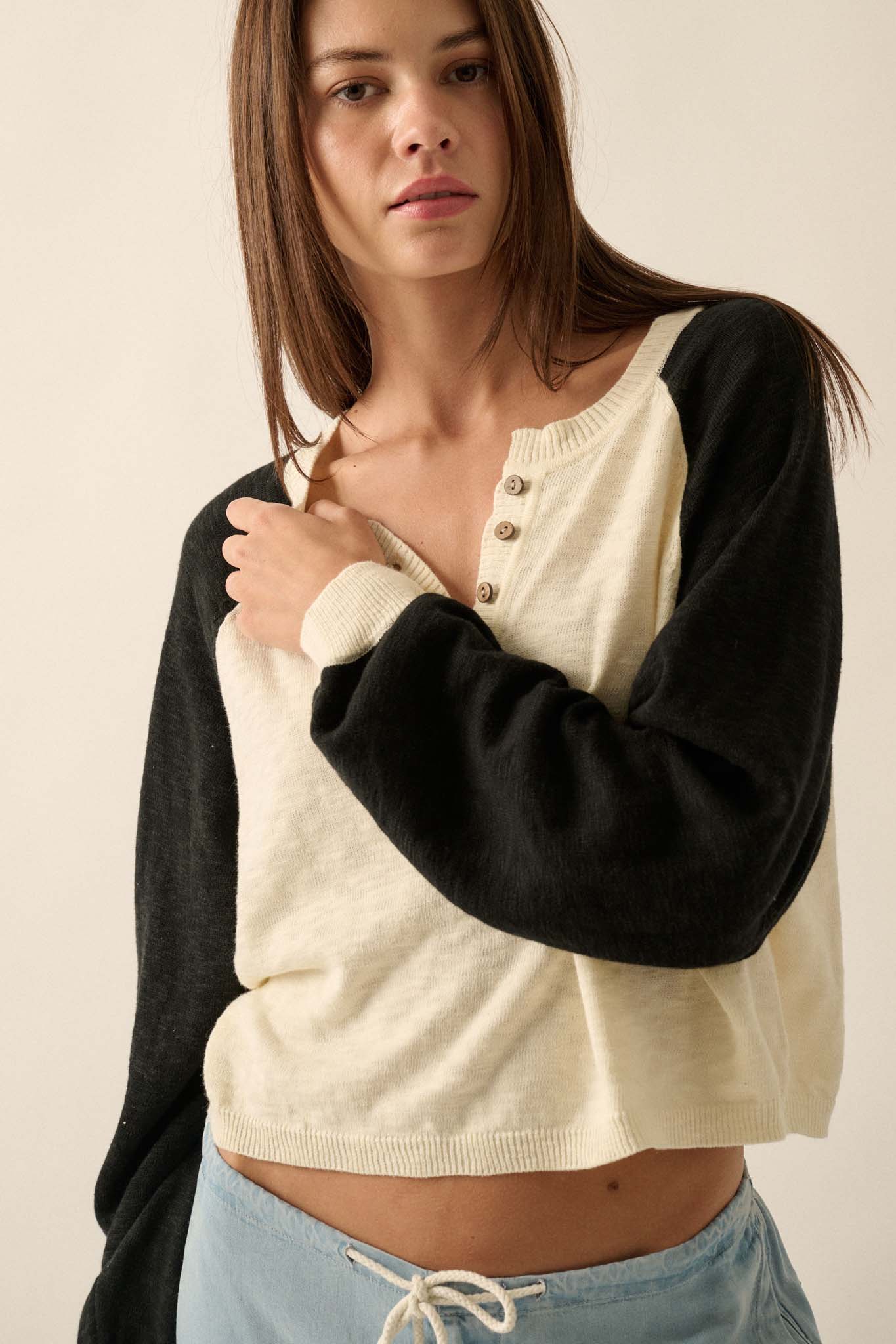 Bases Loaded Colorblock Slub-Knit Henley Sweater - ShopPromesa