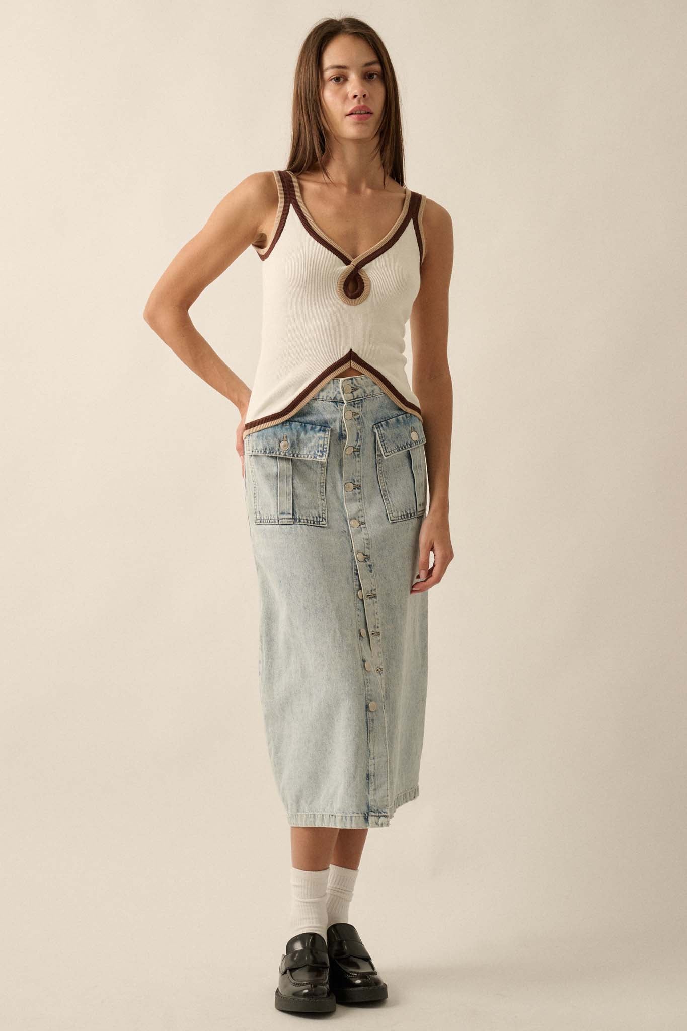 Hot Line Ribbed Knit Split-Hem Keyhole Tank Top - ShopPromesa