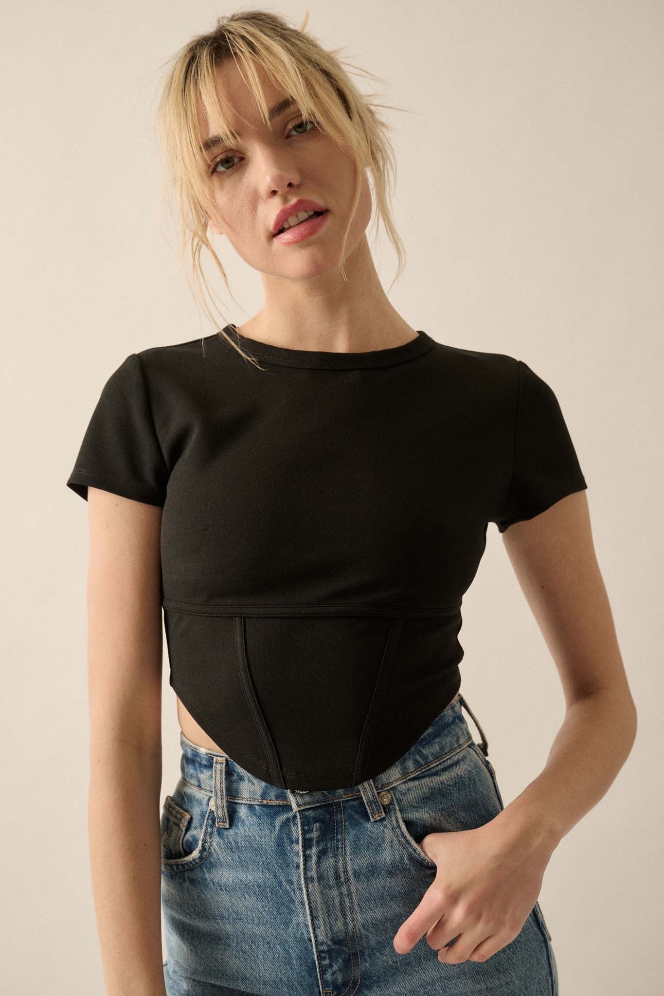 Essential Trends Solid Crepe Cropped Corset Tee - ShopPromesa