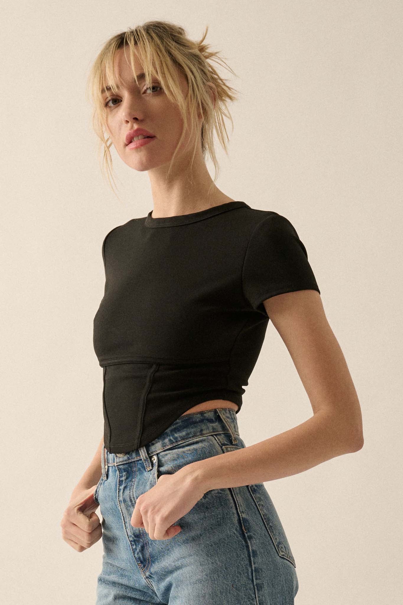 Essential Trends Solid Crepe Cropped Corset Tee - ShopPromesa