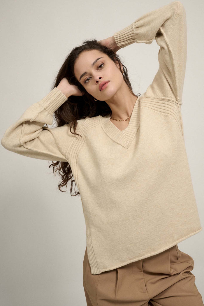 Morning Song Ribbed Knit Detail V-Neck Sweater - ShopPromesa