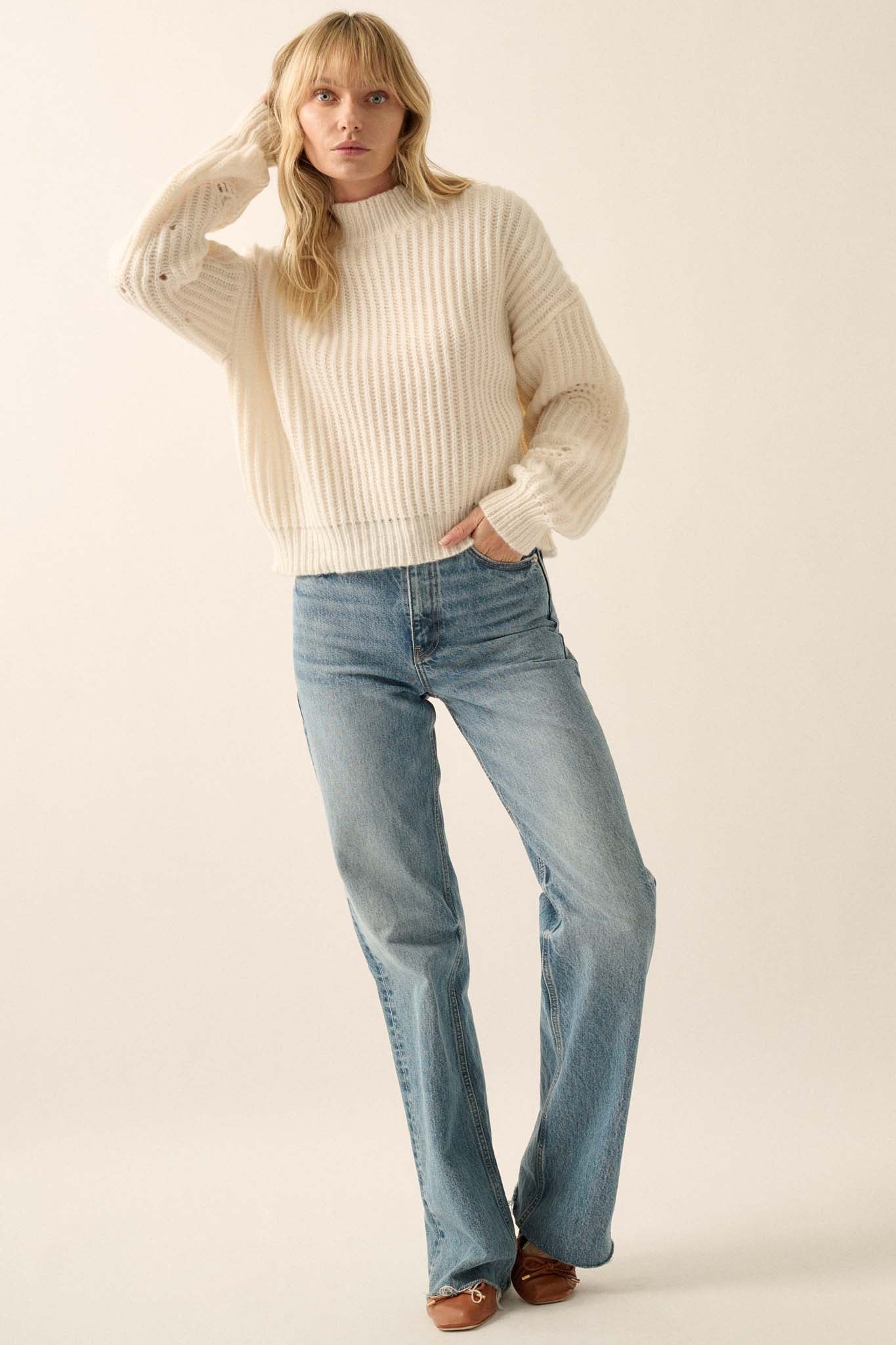 By the Seashore Pointelle Detail Rib-Knit Sweater - ShopPromesa