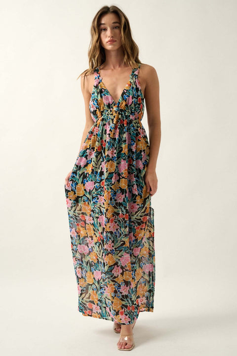 Montego Morning Floral Chiffon Open-Back Maxi Dress - ShopPromesa
