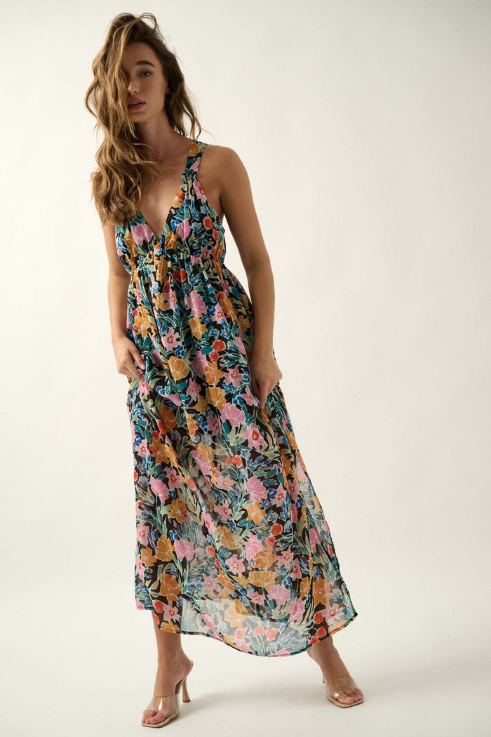 Montego Morning Floral Chiffon Open-Back Maxi Dress - ShopPromesa