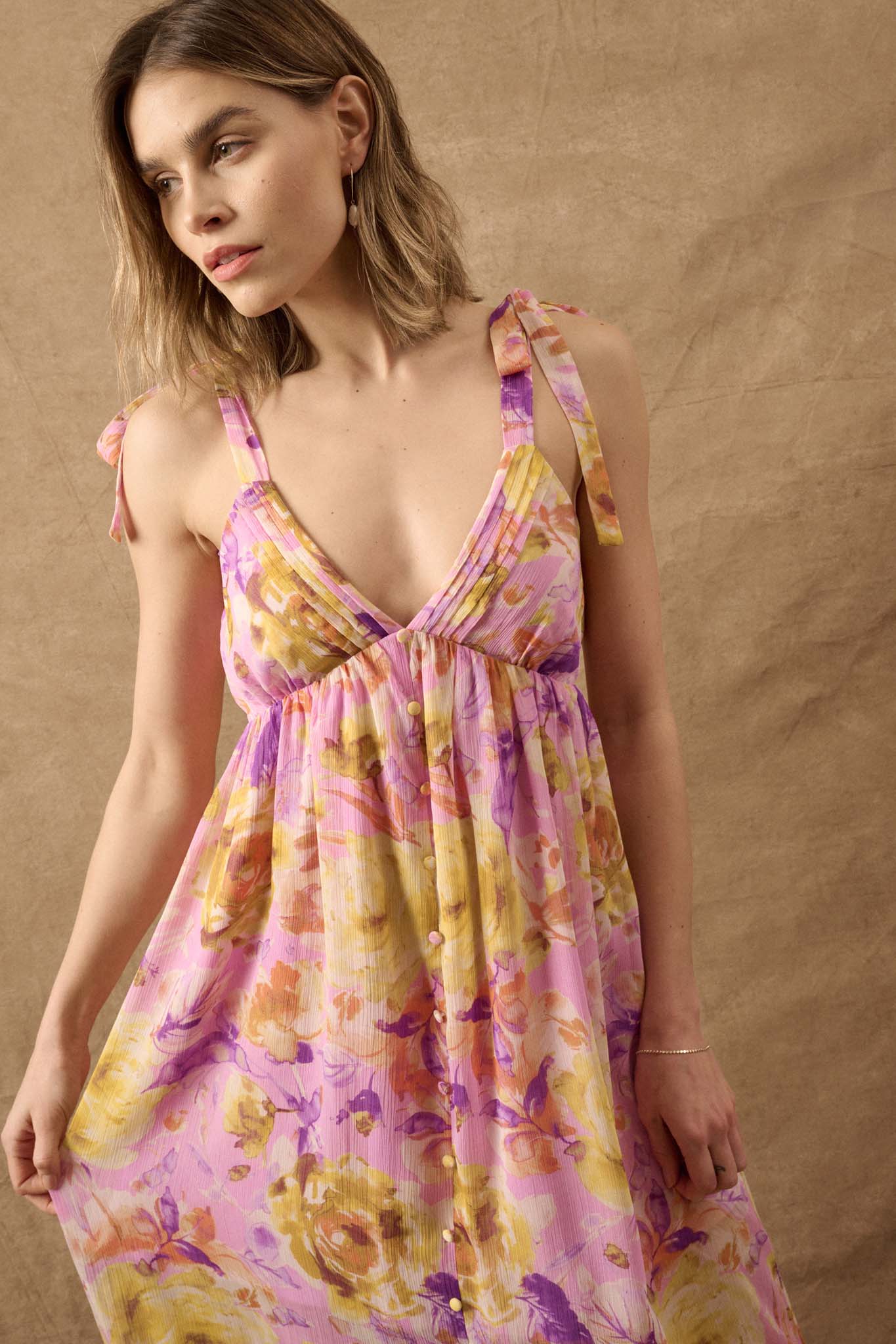 Lilac Wine Floral Chiffon Button-Front Maxi Sundress - ShopPromesa