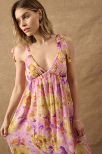 Lilac Wine Floral Chiffon Button-Front Maxi Sundress - ShopPromesa