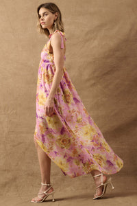 Lilac Wine Floral Chiffon Button-Front Maxi Sundress - ShopPromesa