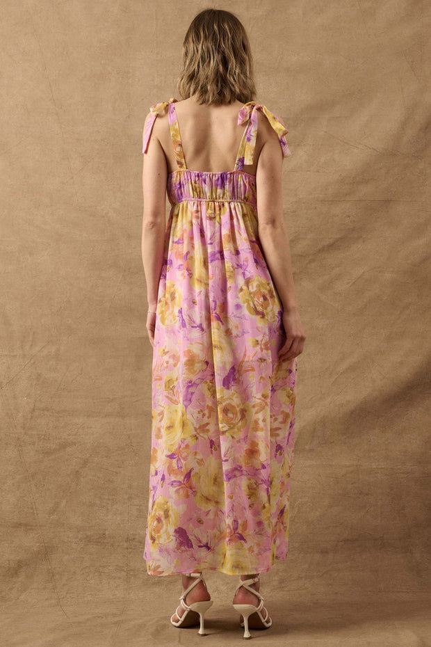 Lilac Wine Floral Chiffon Button-Front Maxi Sundress - ShopPromesa