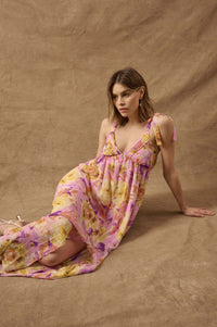 Lilac Wine Floral Chiffon Button-Front Maxi Sundress - ShopPromesa