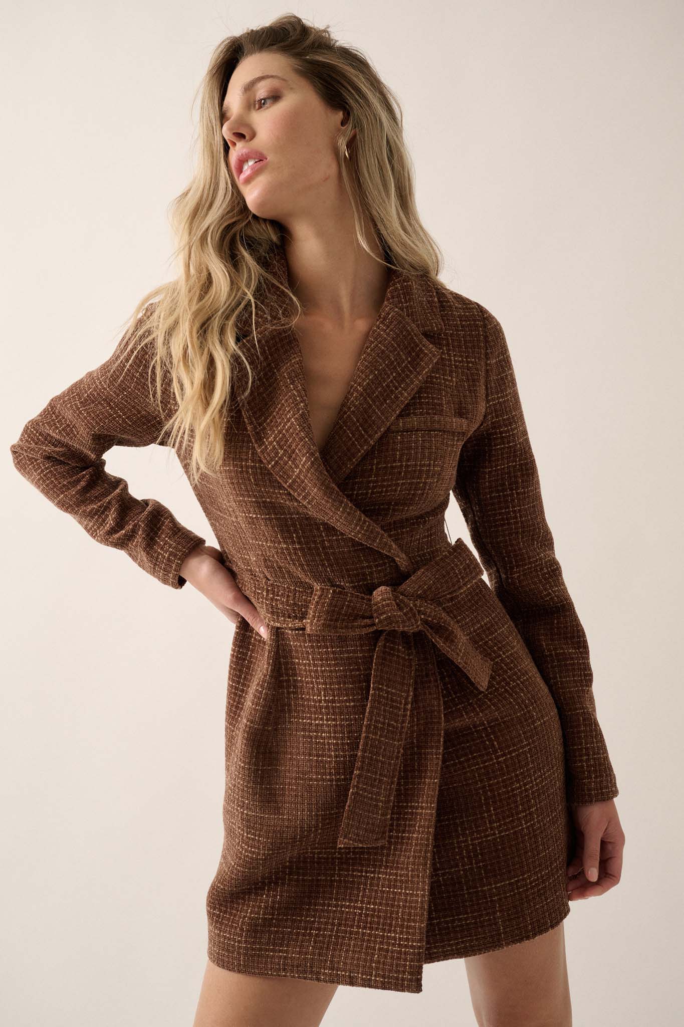 Working Late Tweed Belted Blazer Mini Dress - ShopPromesa