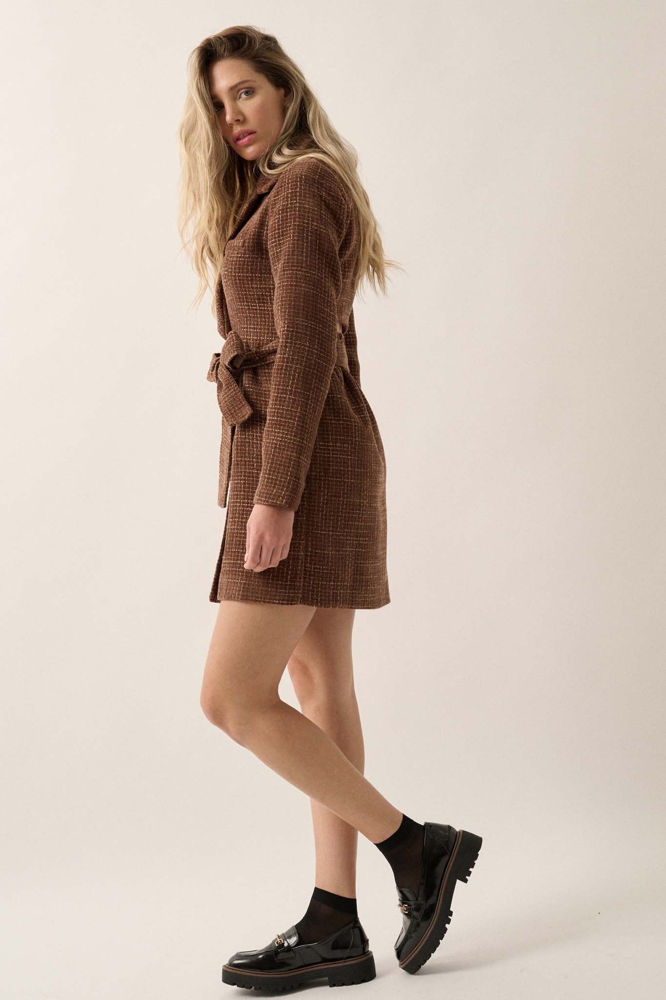 Working Late Tweed Belted Blazer Mini Dress - ShopPromesa