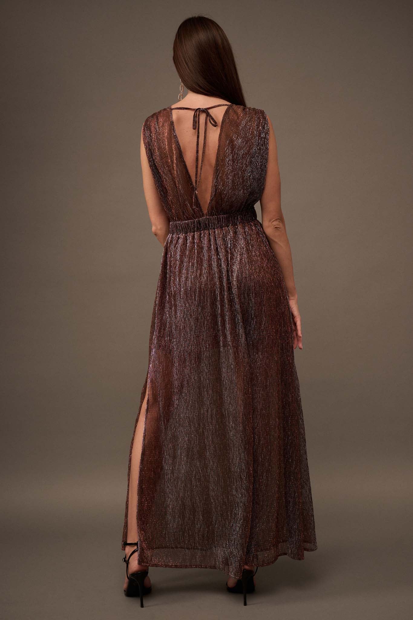 Star Treatment Gathered Shimmer Maxi Dress - ShopPromesa