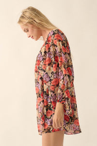 Vibrant Blooms Floral Chiffon Kimono Mini Dress - ShopPromesa