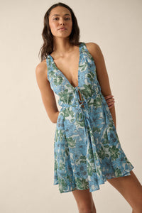 Bali Beauty Floral Chiffon Plunge-Front Mini Dress - ShopPromesa