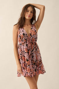 Bali Beauty Floral Chiffon Plunge-Front Mini Dress - ShopPromesa