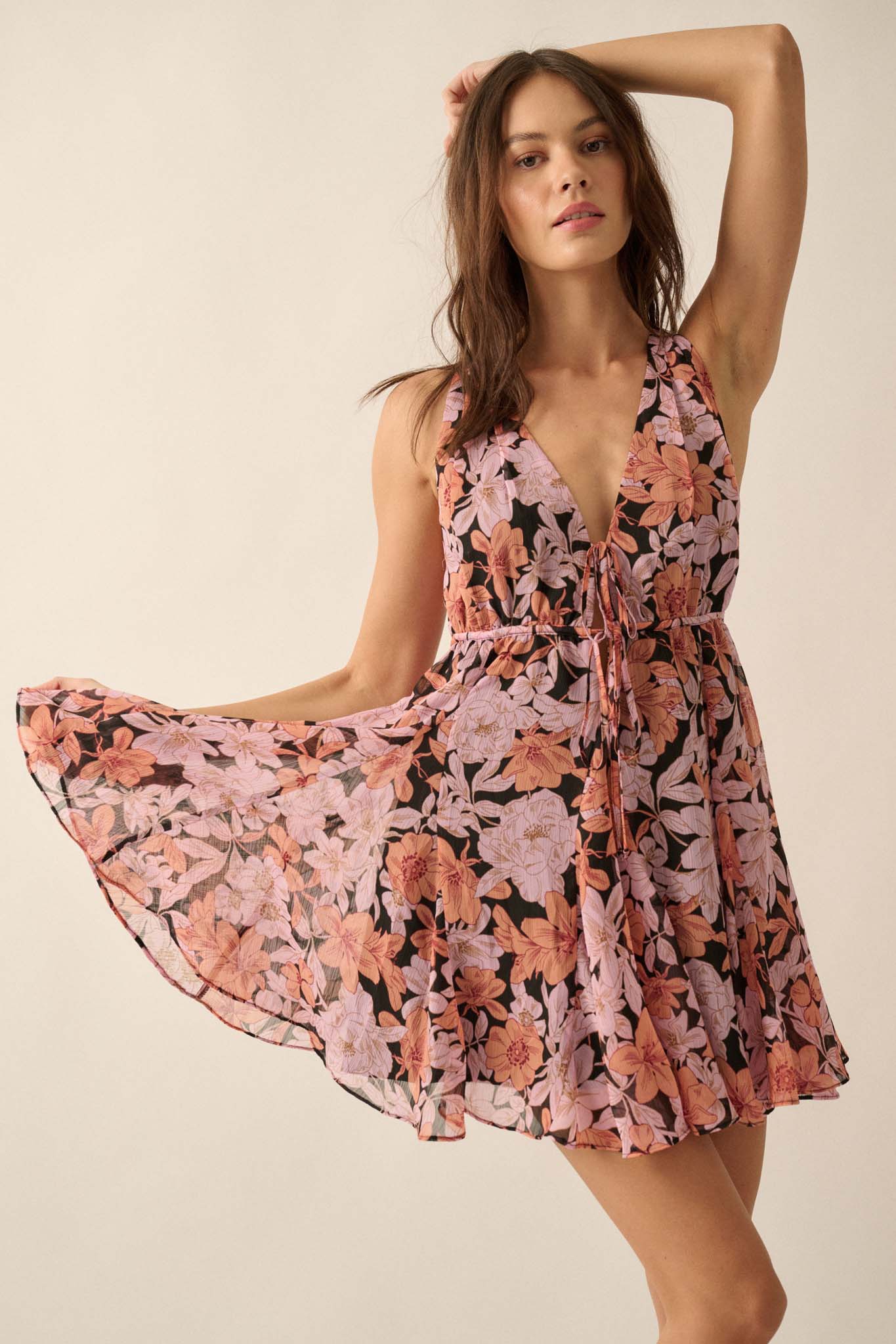 Bali Beauty Floral Chiffon Plunge-Front Mini Dress - ShopPromesa