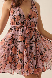 Bali Beauty Floral Chiffon Plunge-Front Mini Dress - ShopPromesa