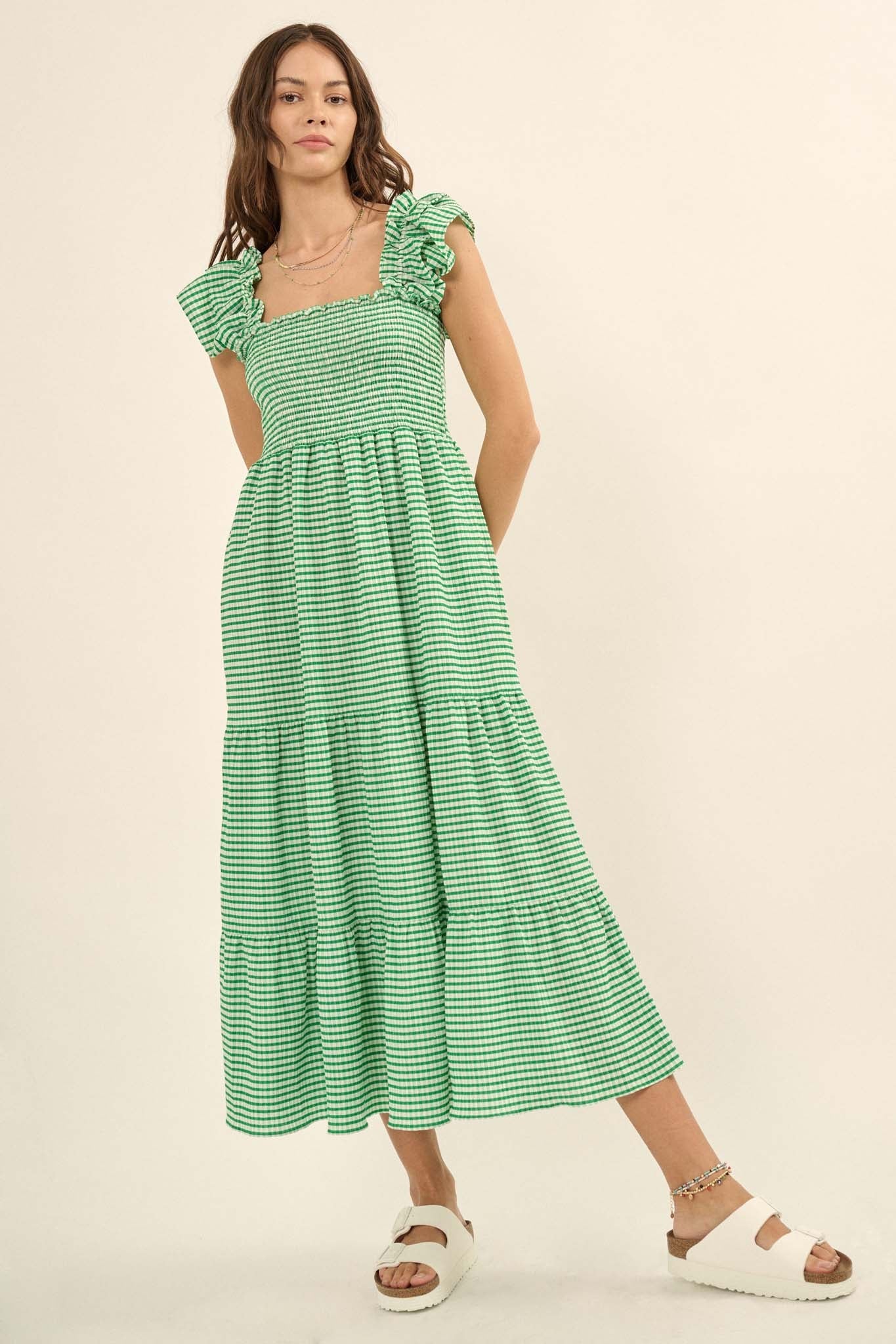 Lollipop Lane Smocked Gingham Tiered Midi Dress - ShopPromesa