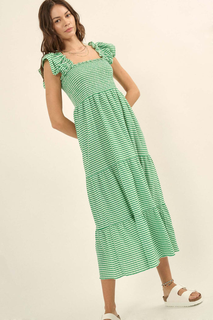 Lollipop Lane Smocked Gingham Tiered Midi Dress - ShopPromesa