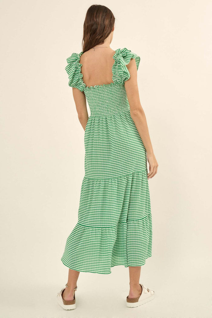 Lollipop Lane Smocked Gingham Tiered Midi Dress - ShopPromesa