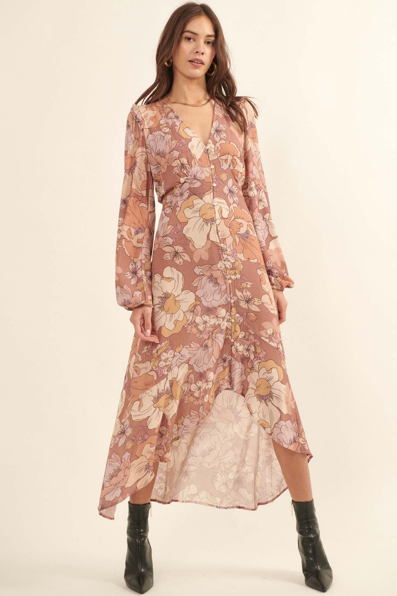 Heirloom Garden Floral High-Low Midi Dress - ShopPromesa