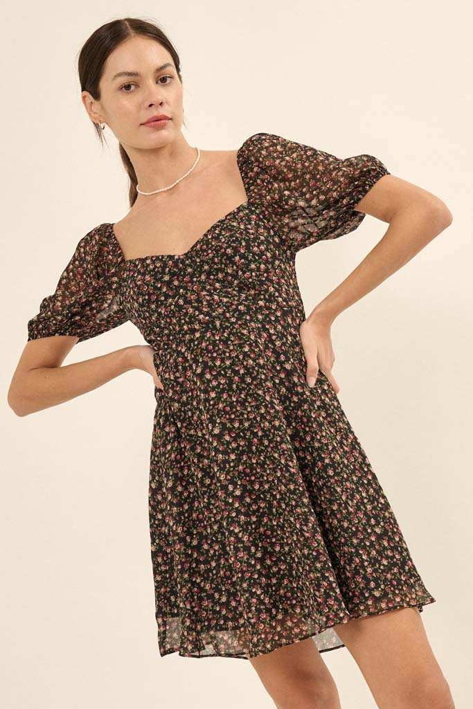 Roses are Red Floral Chiffon Mini Peasant Dress, Black / M Roses are Red Floral Chiffon Mini Peasant Dress, Black / M