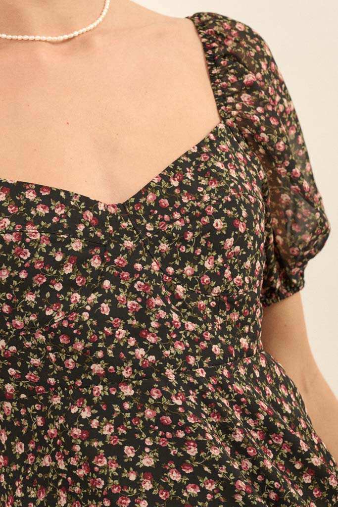 Roses are Red Floral Chiffon Mini Peasant Dress Black / M Roses are Red Floral Chiffon Mini Peasant Dress Black / M