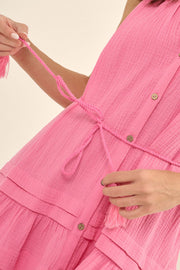Sun Bum Buttoned Crinkle Cotton Belted Mini Dress - ShopPromesa
