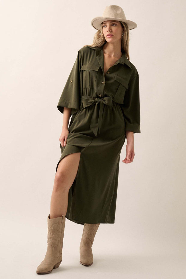 Woman's Work Belted Roll-Up Pocket Shirt Dress - ShopPromesa