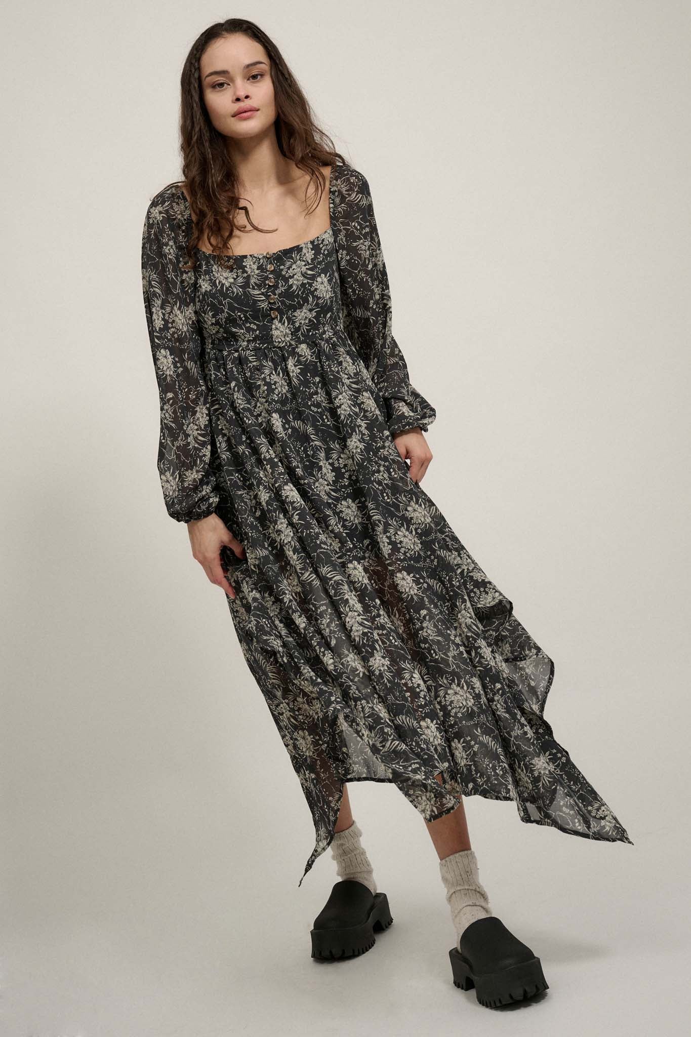 High Spirits Floral Chiffon Handkerchief Maxi Dress - ShopPromesa