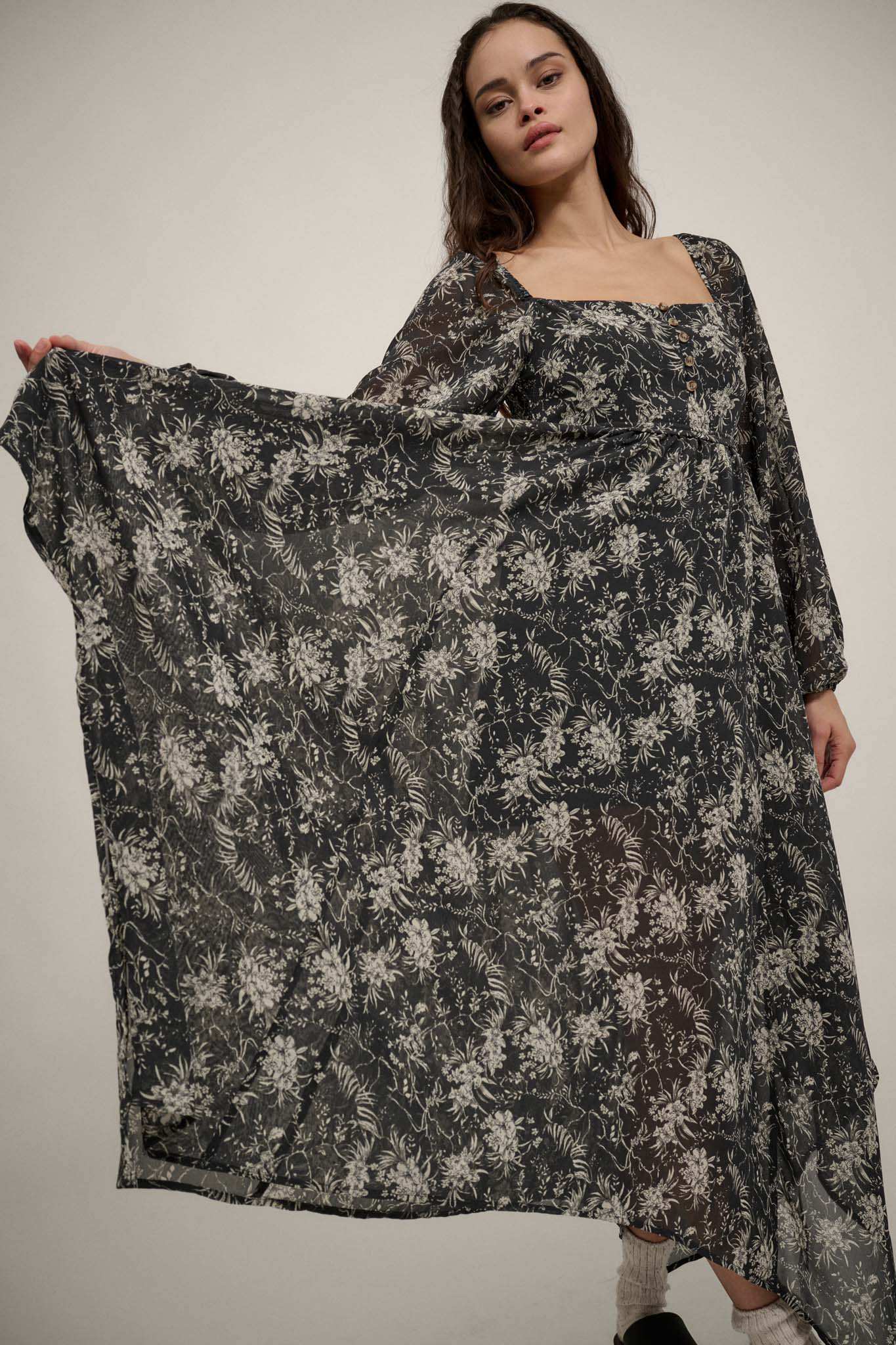 chiffon handkerchief dress Sunshine Floral Swiss Dot Chiffon Handkerchief Maxi Dress