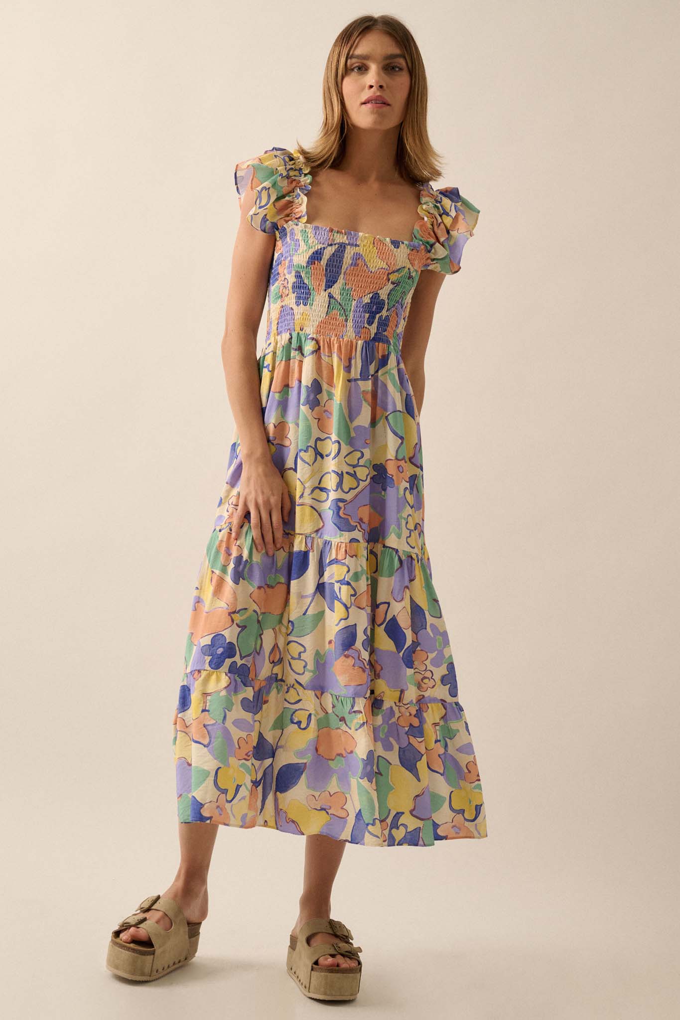 Soft Showers Smocked Floral Tiered Midi Dress - ShopPromesa