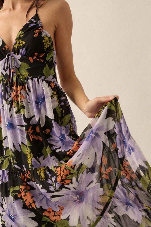Moon Garden Floral Chiffon Tie-Back Maxi Dress - ShopPromesa