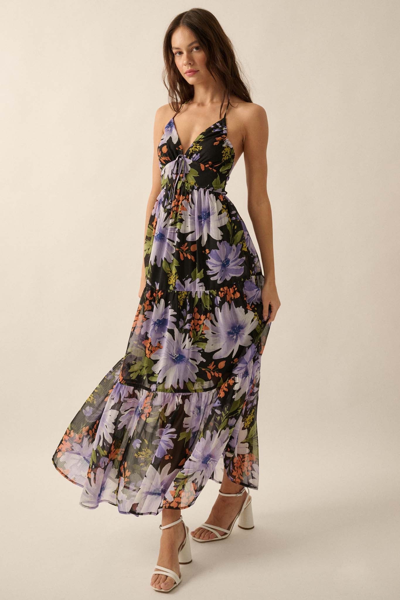 Moon Garden Floral Chiffon Tie-Back Maxi Dress - ShopPromesa